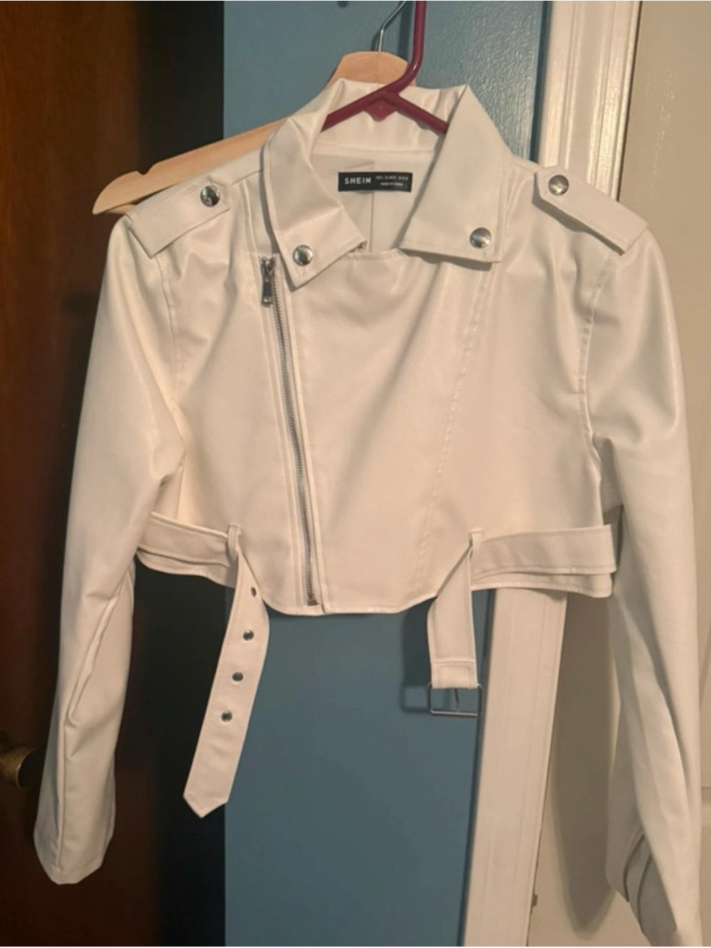 SHEIN White Cropped Faux Leather Biker Jacket